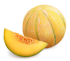 Yellow melon or cantaloupe melon with seeds isolated on white background, US Muskmelon on white background With clipping path.