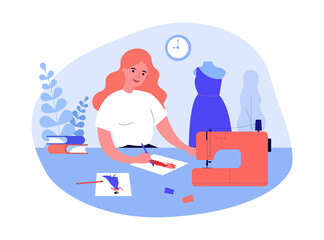 Cartoon girl sewing clothes flat vector illustration. Woman drawing sketches of future model of dress, sitting at table with sewing machine. Sewing, fashion, clothing, creativity, designer concept