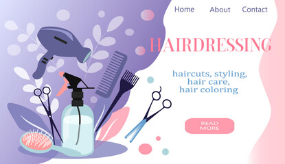 vector illustration on the theme of hair care. banner for website. hairdressing tools, combs, scissors, flowers. trend illustration in flat style