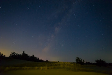 Fototapeta na wymiar sandy prairie under milky way starry sky, night outdoor landscape
