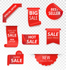 Price tags, red ribbon banners. Sale promotion, website stickers, new offer badge collection isolated. Vector illustration.