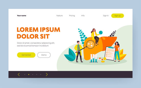 Doctors examining human liver for hepatitis and cancer. Nurse with checklist near lab blood samples and pills. Vector illustration for health care, hepatitis awareness, medical diagnosis concept