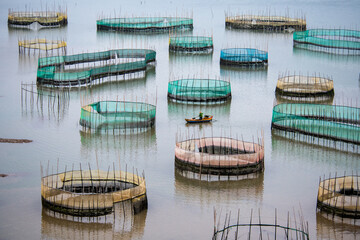 Curved fishing nets - A fisherman sailing among round giant fishing nets on mudflats in Xiapu, China