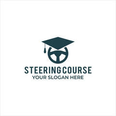 driving course logo, graduation hat, steering wheel symbol vector. for sport education and learn to drive 