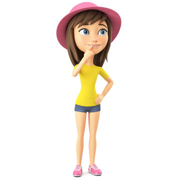 Cartoon character cheerful girl in a pink hat is thinking. 3d render illustration.