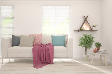 Minimalist living room in white color with sofa and summer landscape in window. Scandinavian interior design. 3D illustration