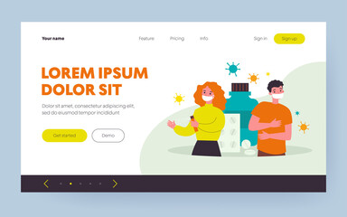 People preventing coronavirus infection. Wearing masks, disinfecting hands, pills and drugs flat vector illustration. Covid, epidemic, treatment concept for banner, website design or landing web page