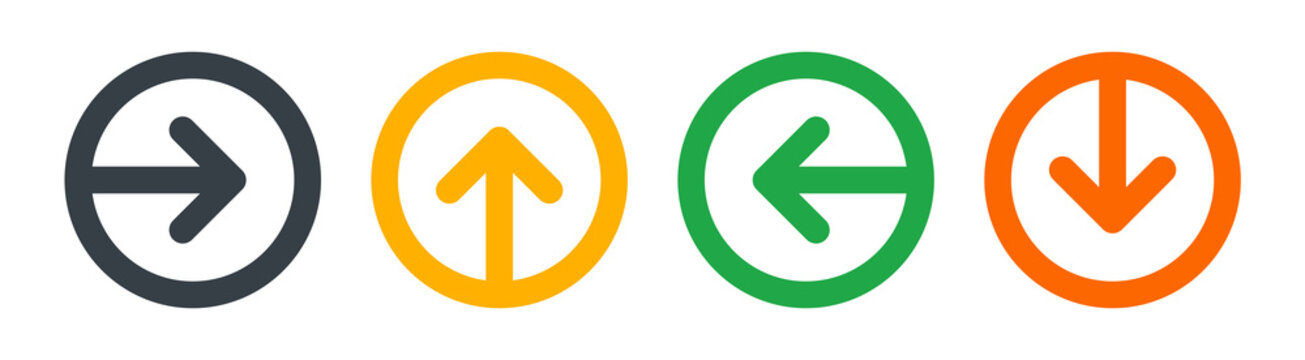 Next, left, right, up, down arrow icon  vector on round button set