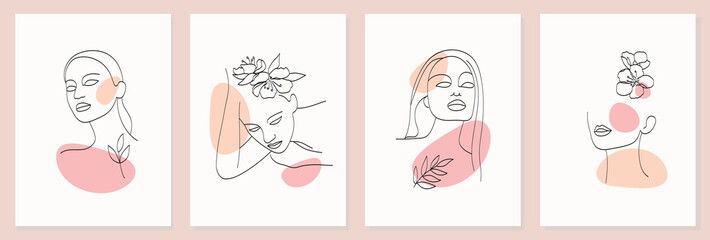 A set of various abstract faces and shapes with flowers. Portrait of a woman in a fashionable minimalism style, outline with a black line. Vector for a poster, cover, flyer or wall decor.