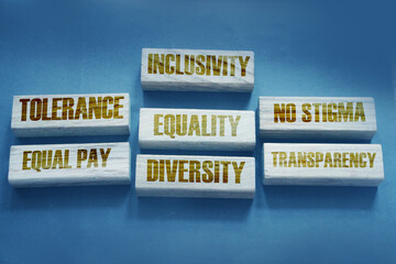 Inclusivity tolerance transparency equality diversity words on wooden blocks. Social concept
