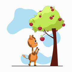 little giraffe wants to get a red apple from a tall tree