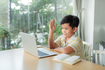 Boy student study online with video call teacher.