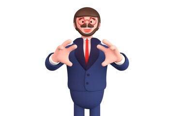 Happy cartoon character stands and shows something in his hands. 3d render illustration on white background
