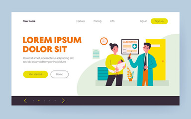 Mom with baby visiting doctor for vaccination. Pediatrician, hospital, covid poster flat vector illustration. Coronavirus prevention, healthcare concept for banner, website design or landing web page