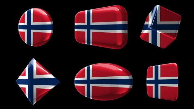 Sign - Norway. 6 flags, buttons, dies. Animation in the style of glass or metal icons of different shapes with flags. Circle, rectangle, cube, rhombus, ellipse, square. Alpha channel.