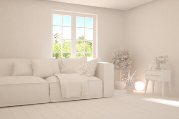 White living room with sofa and summer landscape in window. Scandinavian interior design. 3D illustration