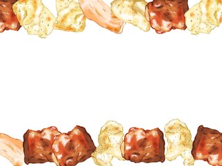 手描き水彩のいろんな焼き肉の上下フレームイラスト