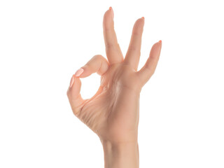 Hand caucasian young woman showing fingers over isolated white background gesturing approval expression doing okay symbol with fingers