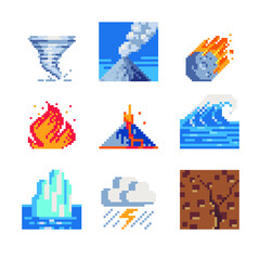 Cataclysm icons set. Pixel art style. Cloud lightning, waves, smoke, iceberg, flame meteorite, tornado storm and eruption. Weather sign, isolated vector illustration. Design for web site, app, sticker