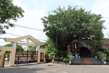 Hoi An, Vietnam, July 16, 2021: Entrance viewed from inside the Nha Tho Catholic Church Hoi An, Vietnam