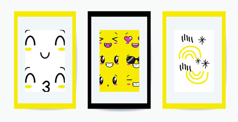  Vector template set of cute yellow doodle for wall, fashion hand drawing texture, street art style, old school design