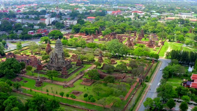 Aerial view of Ayutthaya temple, Wat Ratchaburana, empty during covid, in Phra Nakhon Si Ayutthaya, Historic City in Thailand