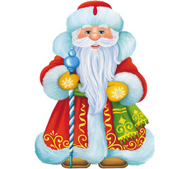 cheerful Santa Claus with a staff in a red fur coat