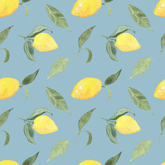 Seamless pattern with lemons on blue backdrop. Pattern for decor, design, prints, fabric. backdrops. 