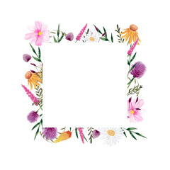 Square floral frame with wild flowers illustrations for cards, postcards, invitations, decor and design. 