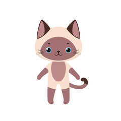 Cute siamese kawaii cat stands isolated on white background