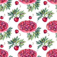 Seamless pattern watercolor plate with cherry and green leaves on white. Hand-drawn sweet red summer food berries fruit. Art background for menu, wallpaper, wrapping, sketchbook, notebook