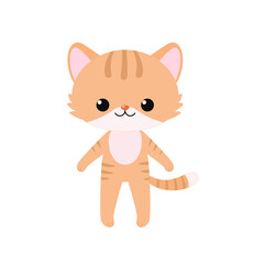 Cute ginger kawaii cat stands isolated on white background