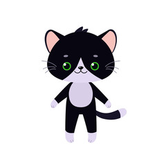 Cute black kawaii cat stands isolated on white background