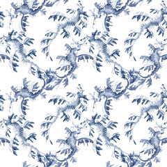 Beautiful seamless underwater pattern with watercolor sea horse. Stock illustration.