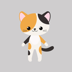Cute kawaii tricolor cat stands isolated on gray background