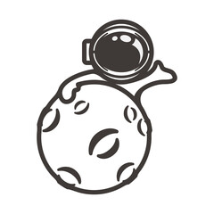 Moon and astronaut simple black line art cartoon illustration design vector