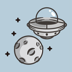 Alien space ship and moon fun cartoon style illustration colorful design vector