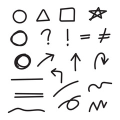 lines hand drawn with different shape.doodle design elements set isolated on white background