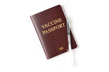 Passport with medical vaccine drug syringe needle dose. Vaccination passport is concept of immune travel to protect from Covid-19 virus pandemic on white background