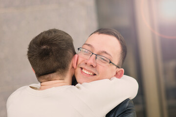 Romantic gay couple at the city.