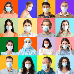 Group of people in medical masks on color background