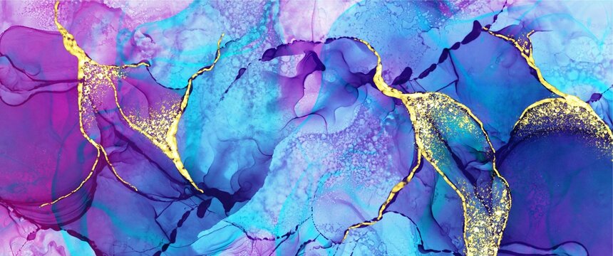 Original abstract alcohol ink background with watercolour brush stroke, blue and purple color mix, creative hand painted art, kintsugi gold paths, wallpaper for print	
