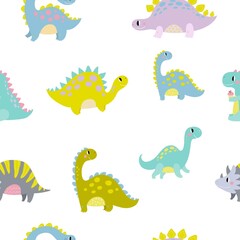 Fototapeta premium Cute dinosaur vector print for kids. Happy Birthday cards with cartoon dinosaur. Cute Dino pastel print for party decor. Seamless pattern