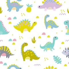 Fototapeta na wymiar Cute dinosaur vector print for kids. Happy Birthday cards with cartoon dinosaur. Cute Dino pastel print for party decor. Seamless pattern