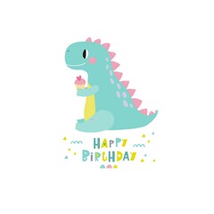 Obraz premium Cute dinosaur vector print for kids. Happy Birthday cards with cartoon dinosaur. Cute Dino pastel print for party decor.