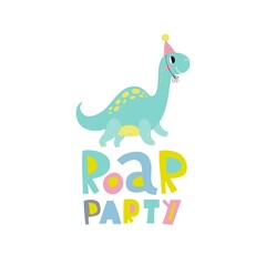 Cute dinosaur vector print for kids. Happy Birthday cards with cartoon dinosaur.  Cute Dino pastel print for party decor.