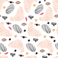 Modern abstract mystery pattern with eyes, nature shapes, tropical leaves. Magic print for textile fabric, wrapping paper,wallpaper decor.