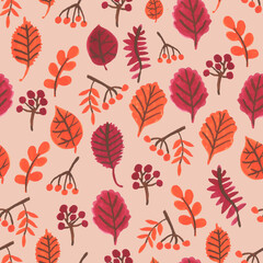 Fototapeta na wymiar Seamless pattern with autumn leaves and berries on beige background