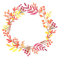 Wreath with different autumn leaves and berries on white background