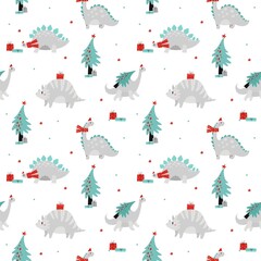 Merry Christmas and Happy New year hand drawn vector print with cute Dinosaur. Christmas lettering and calligraphy pattern with cartoon Dino. seamless pattern